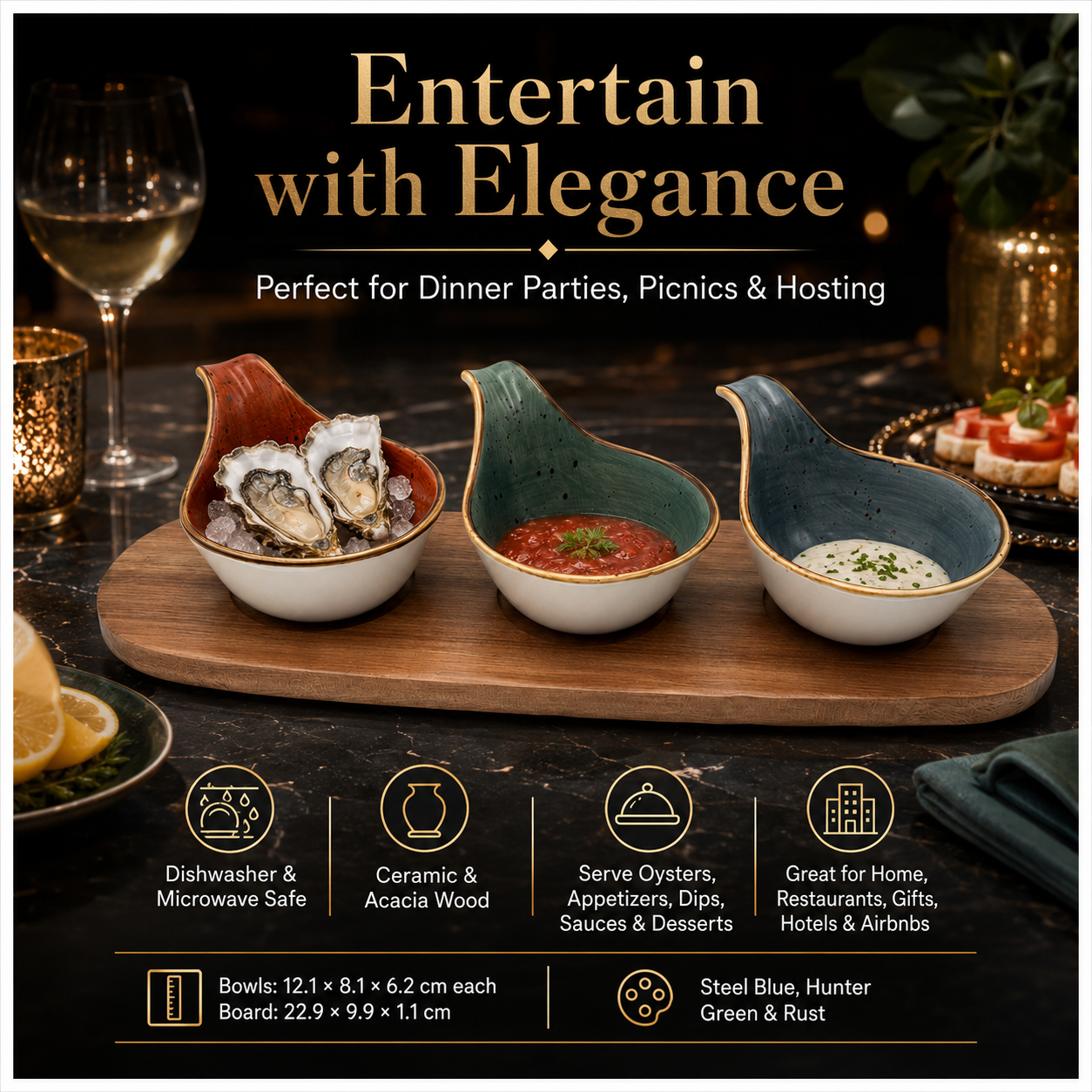 Elegant 3-Piece Ceramic Snack Bowl Set with Acacia Wood Serving Board