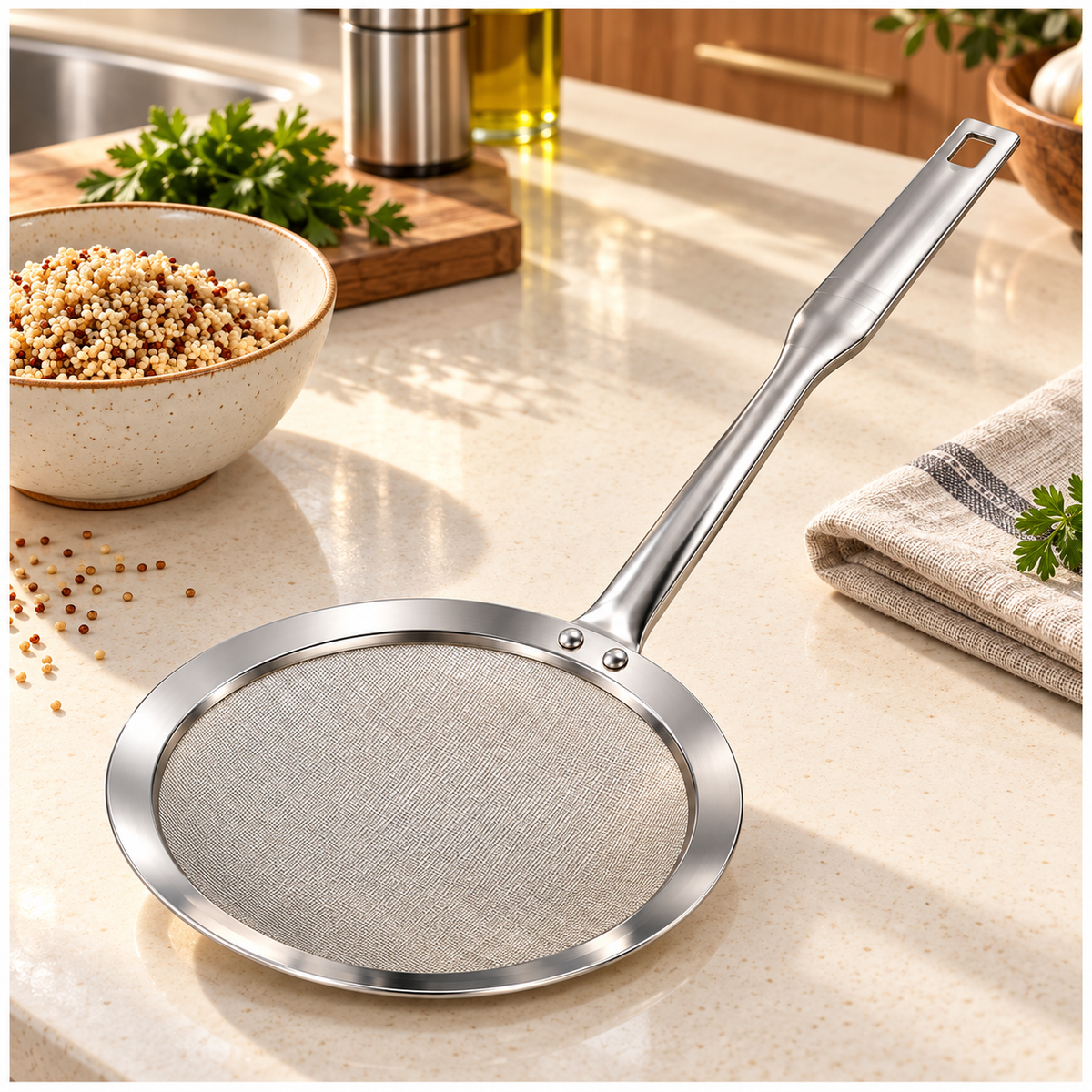Stainless Steel Fine Mesh Strain Skimmer with Long Flat Handle – Silver