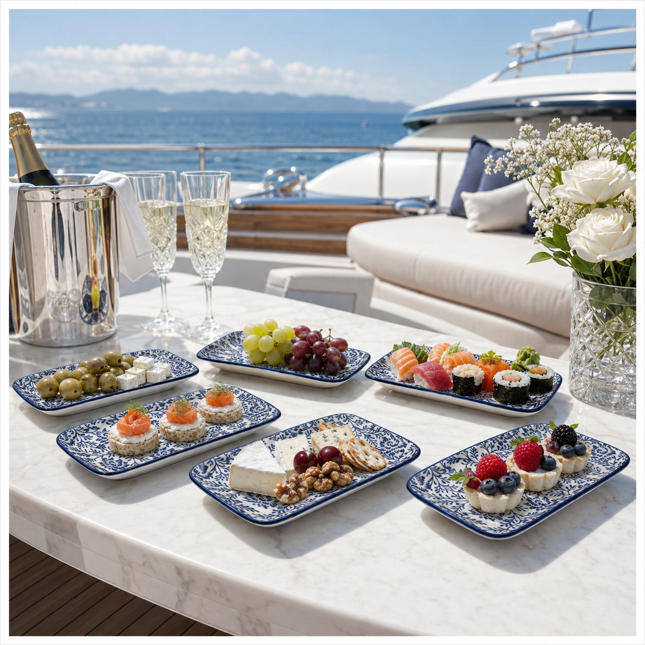 6-Piece Navy Floral Ceramic Side Plates for Luxe Hosting and Everyday Style