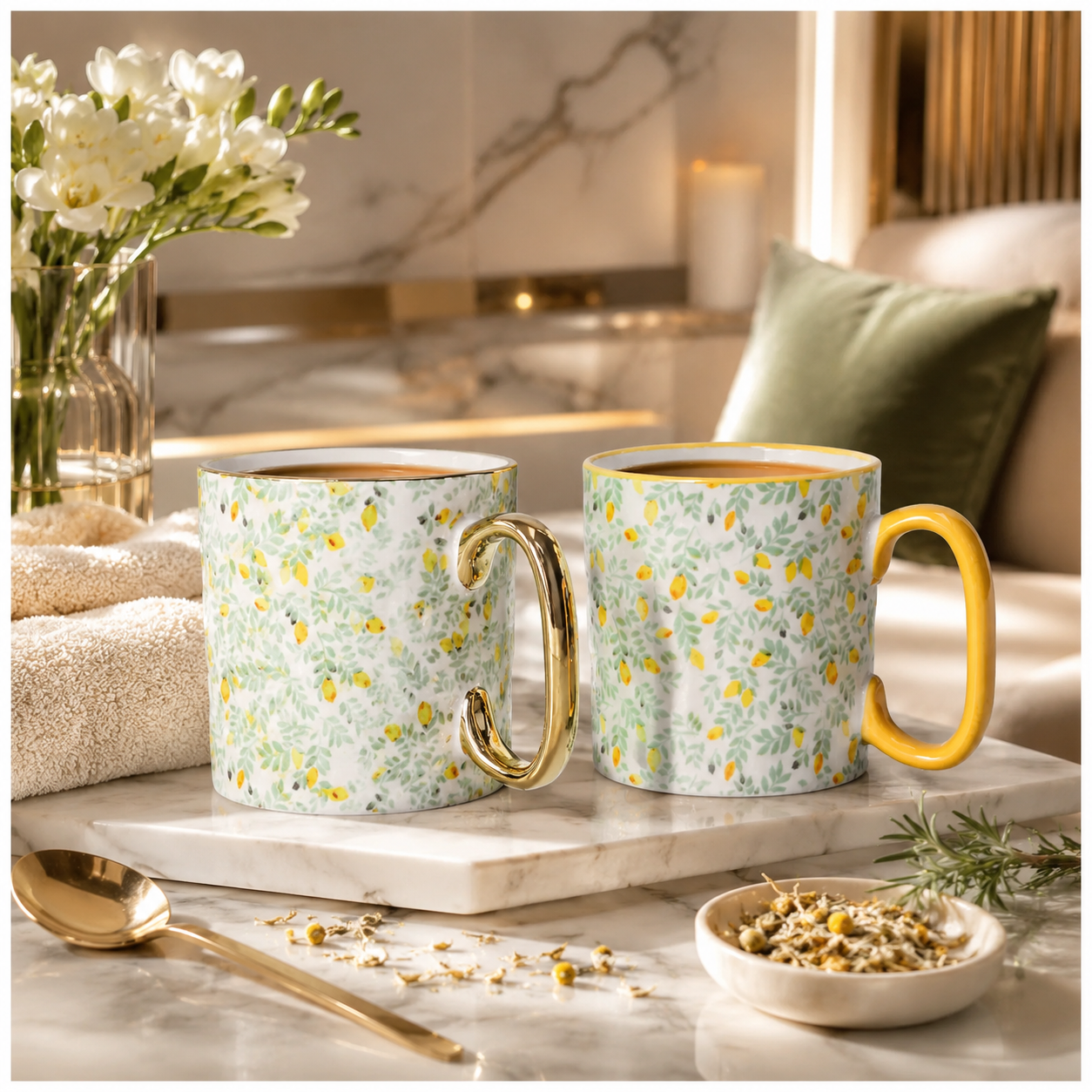 2-Piece Floral Porcelain Coffee Mug Set–Elegant Hot and Cold Beverage Mugs