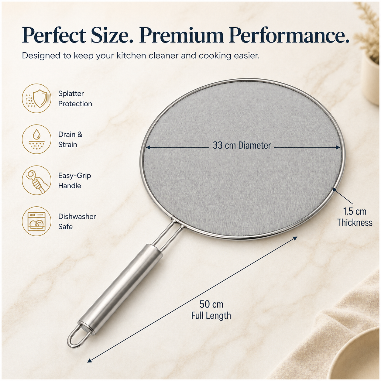 Stainless Steel Splatter Screen with Easy-Grip Handle – 33cm