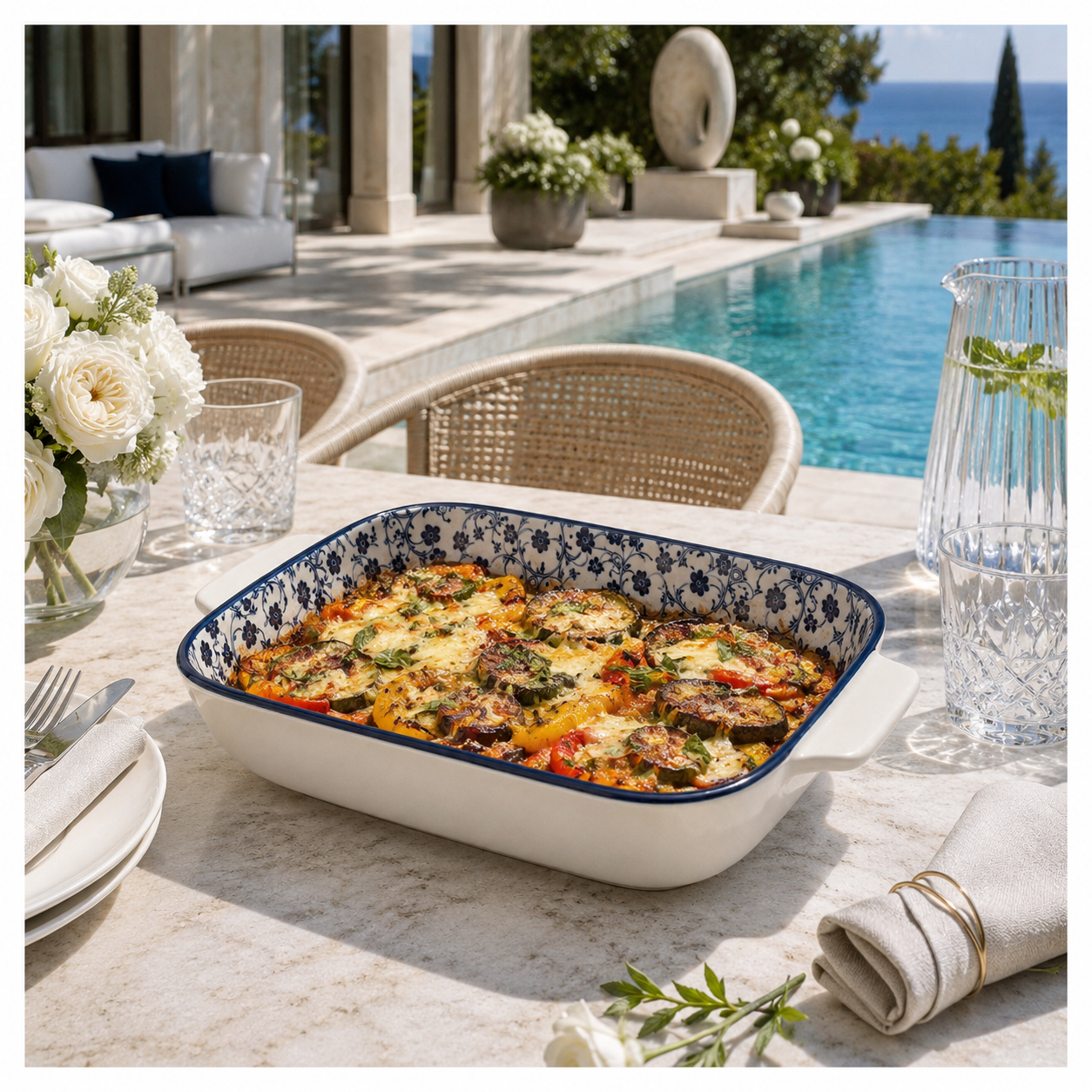 Elegant Navy Floral Ceramic Casserole Dish – 27.4cm - Blue and White