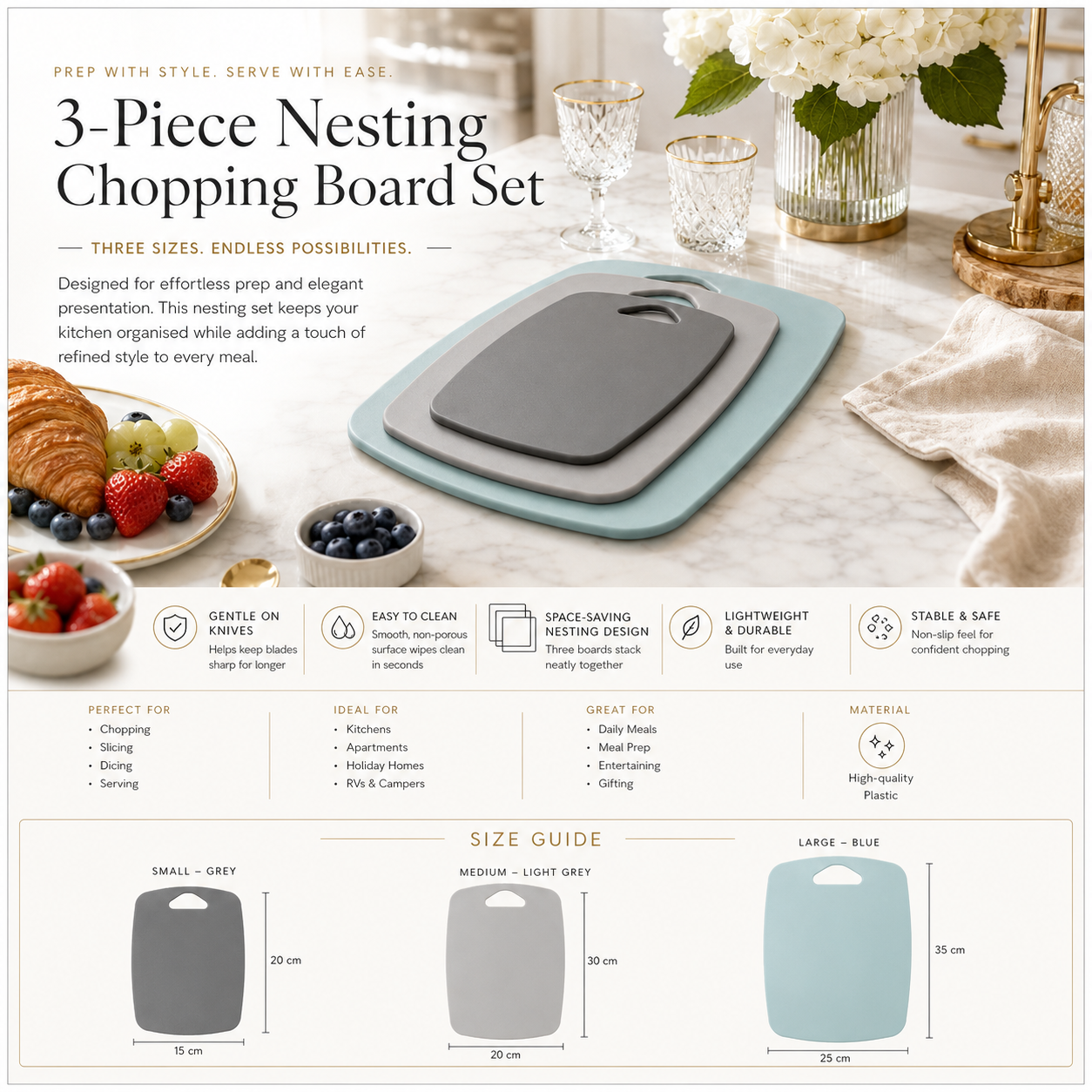 3-Piece Nesting Chopping Board Set – Food-Safe - Non-Slip - Dishwasher Safe