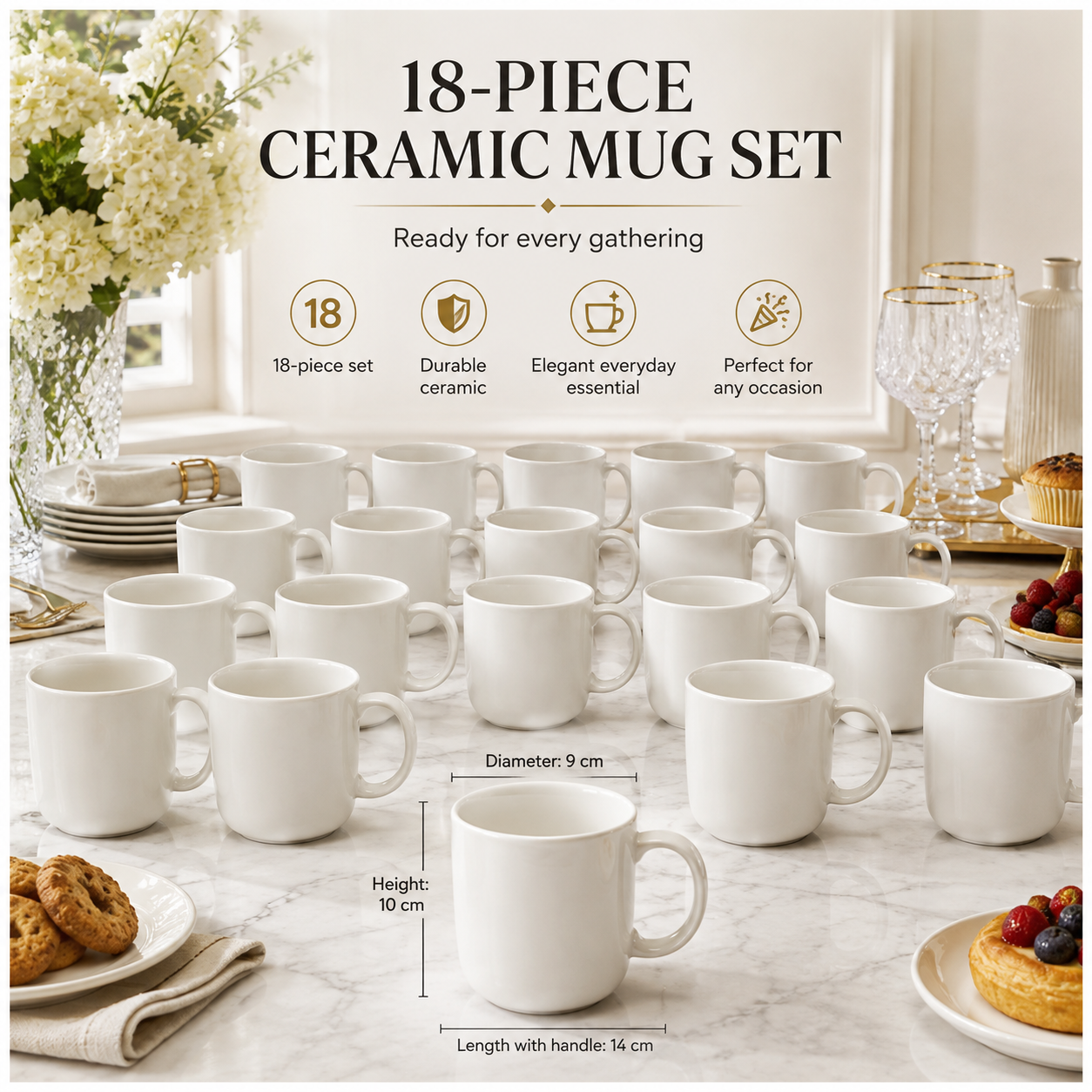 Essential 18-Piece White Ceramic Mug Set for Tea, Coffee and Entertaining