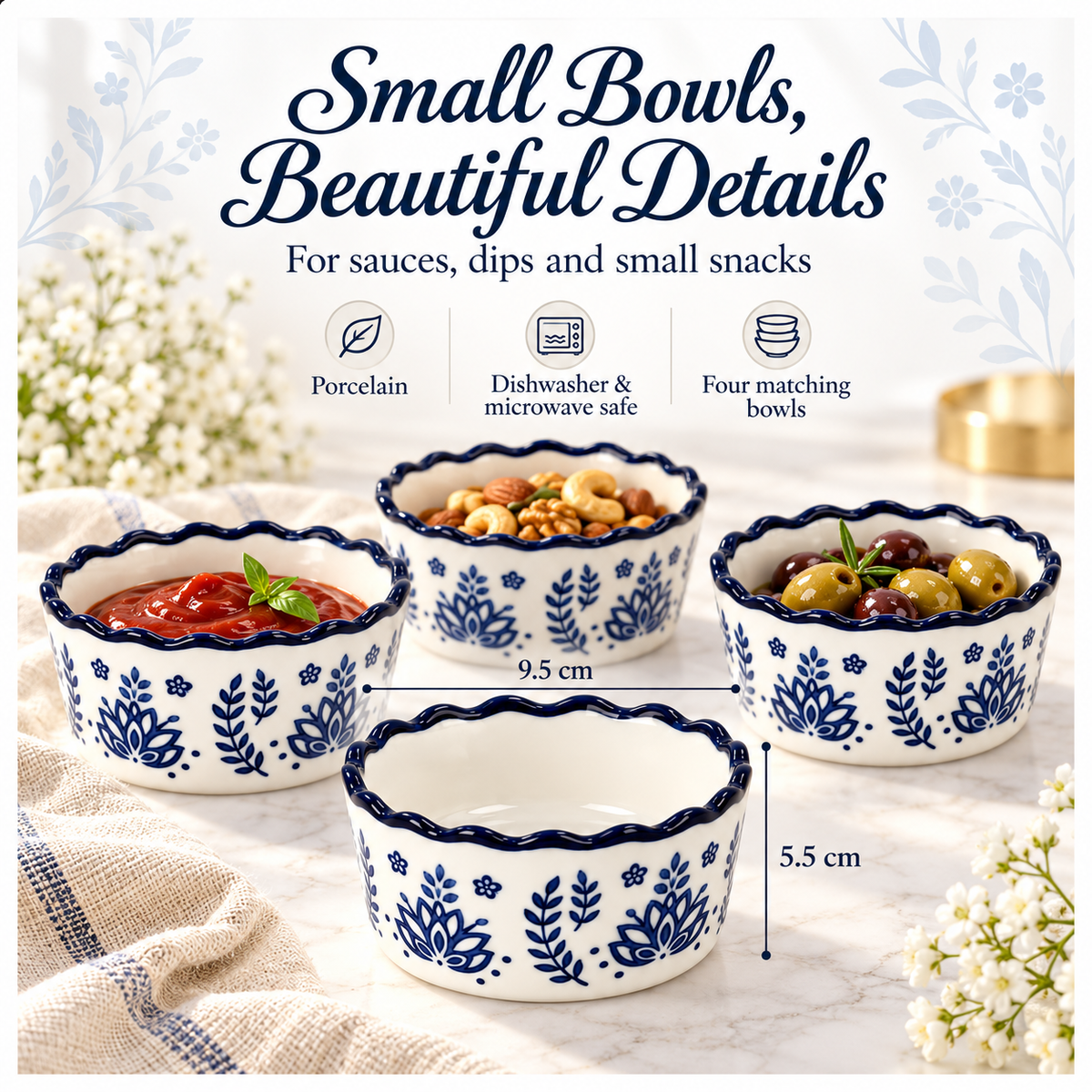 Elegant Navy Botanical Porcelain Sauce Bowls – Set of 4 Floral Bowls