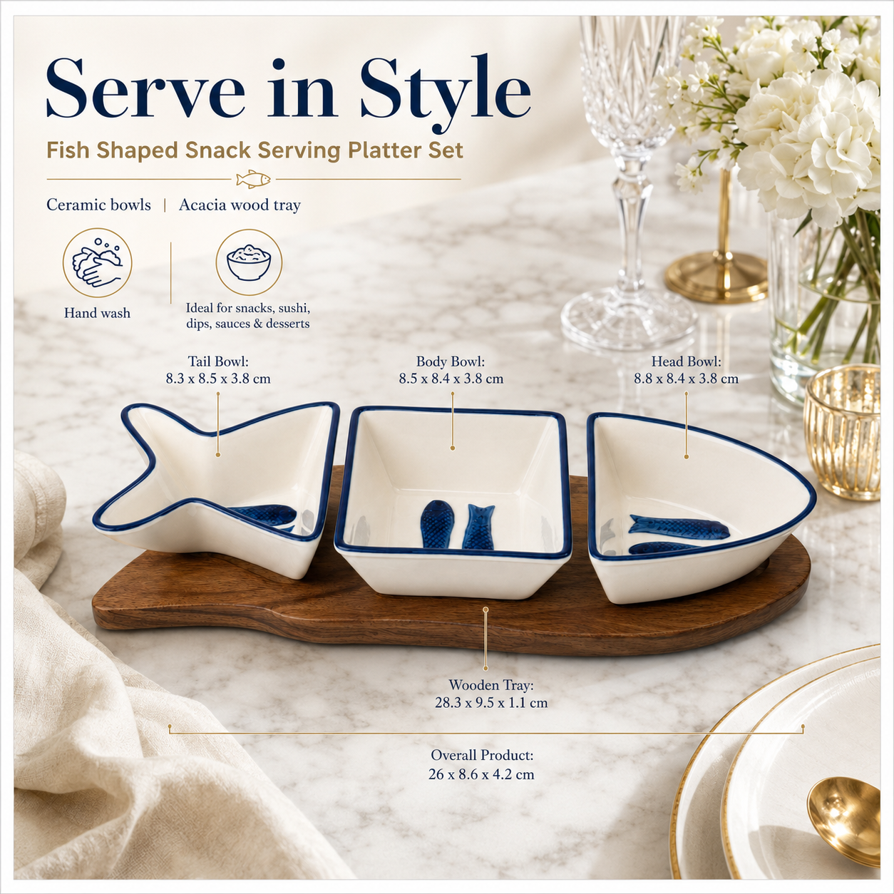 Beautiful Ceramic Fish-Shaped 4-Piece Snack Platter Wooden Acacia Tray