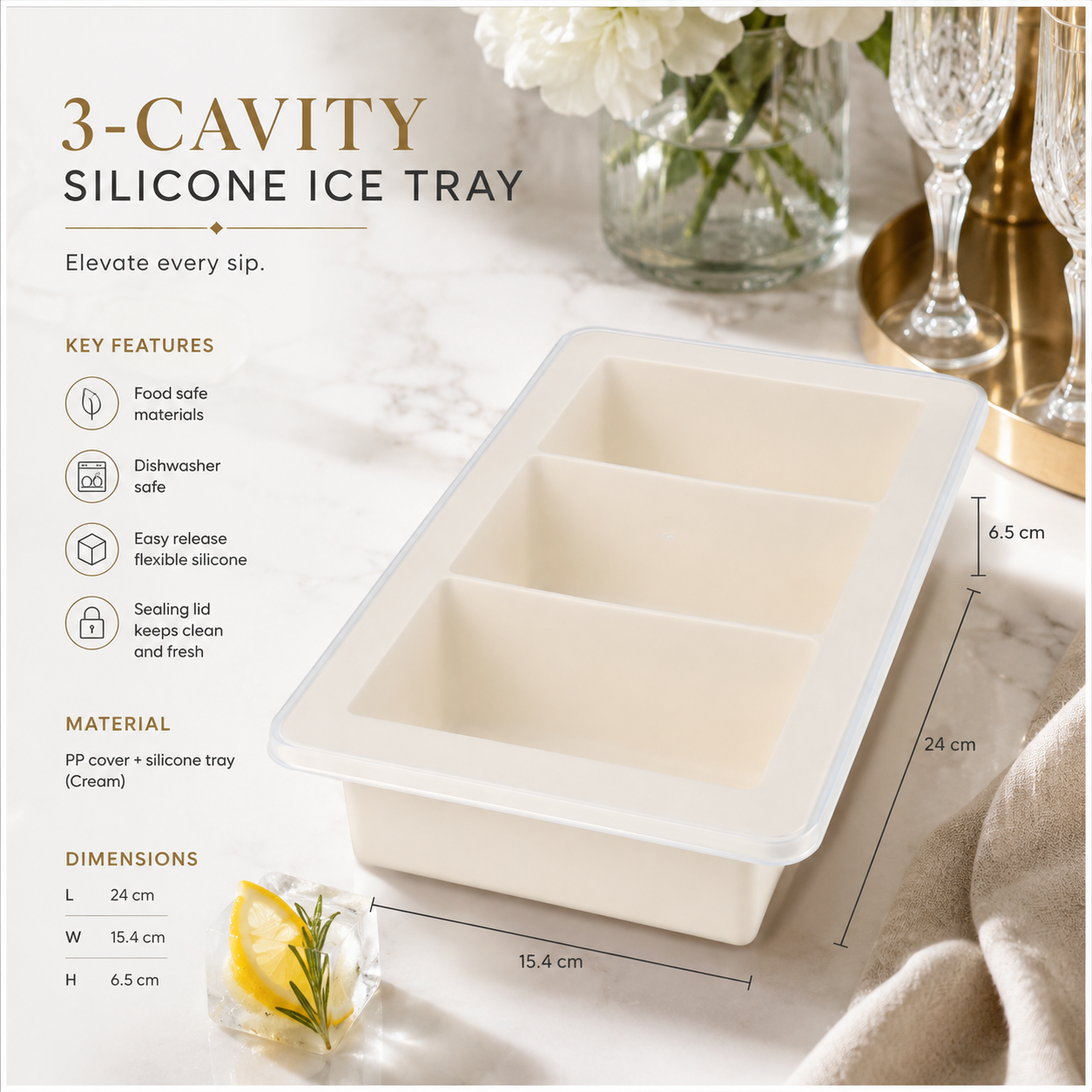 3-Cavity Silicone Ice Cube Tray with Sealing Lid – Cream - 24 cm