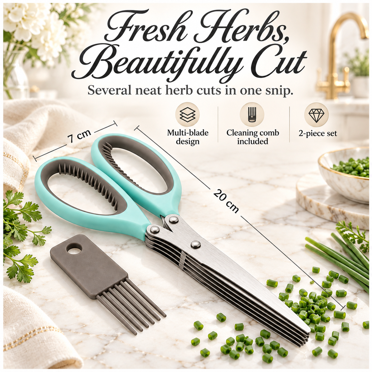 Multi-Blade Herb Scissors and Cleaning Comb Set-2 Piece ,Blue and Grey-20cm