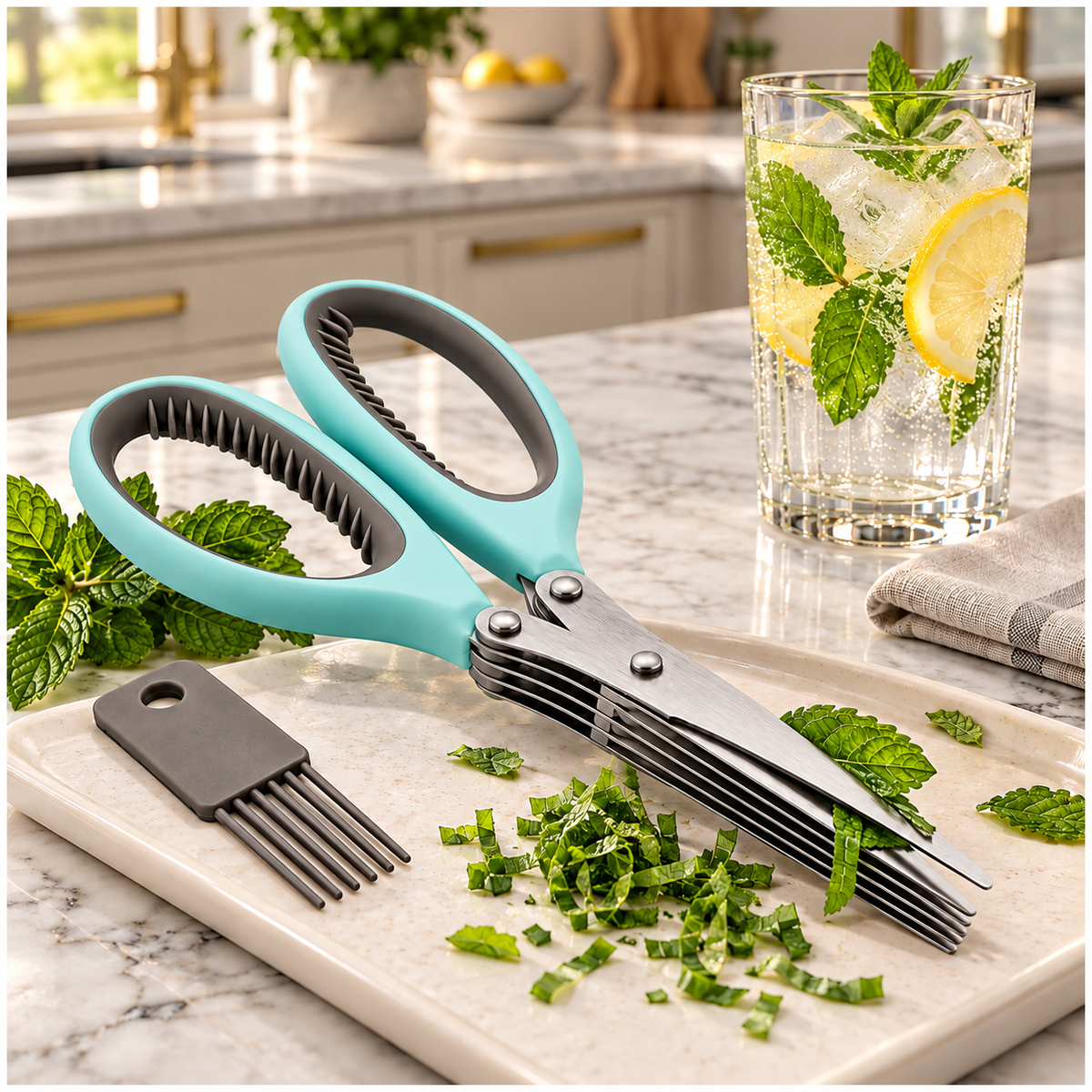 Multi-Blade Herb Scissors and Cleaning Comb Set-2 Piece ,Blue and Grey-20cm