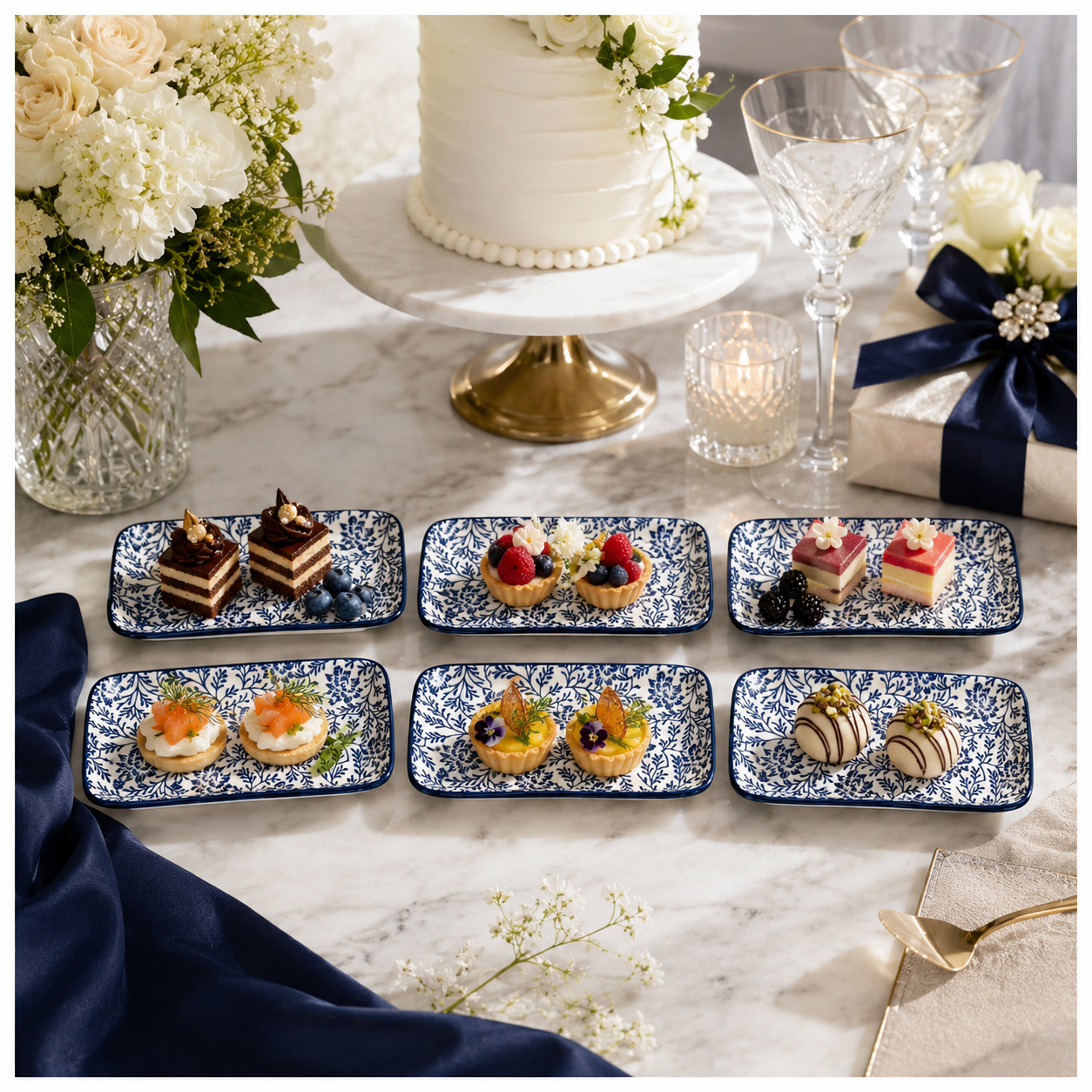 6-Piece Navy Floral Ceramic Side Plates for Luxe Hosting and Everyday Style