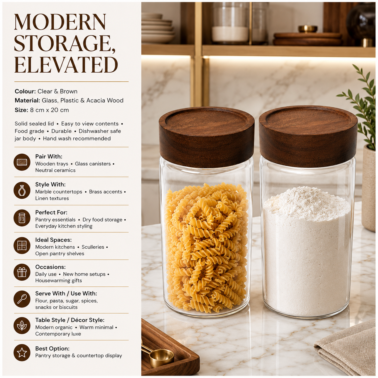 Set of 2 Borosilicate Sealed Glass Jars with Acacia Wood Lids – 580ml Each