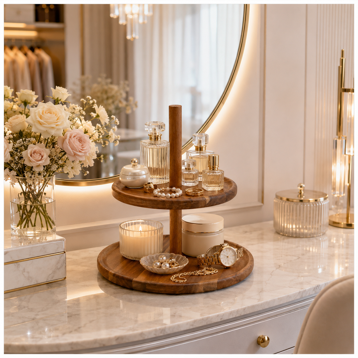 Natural Acacia 2-Tier Round Serving Platter - Wooden Display Stand - 28cm
