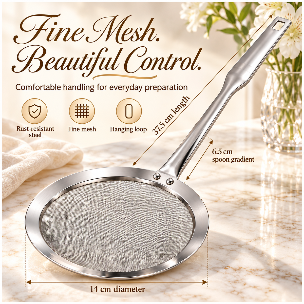 Stainless Steel Fine Mesh Strain Skimmer with Long Flat Handle – Silver