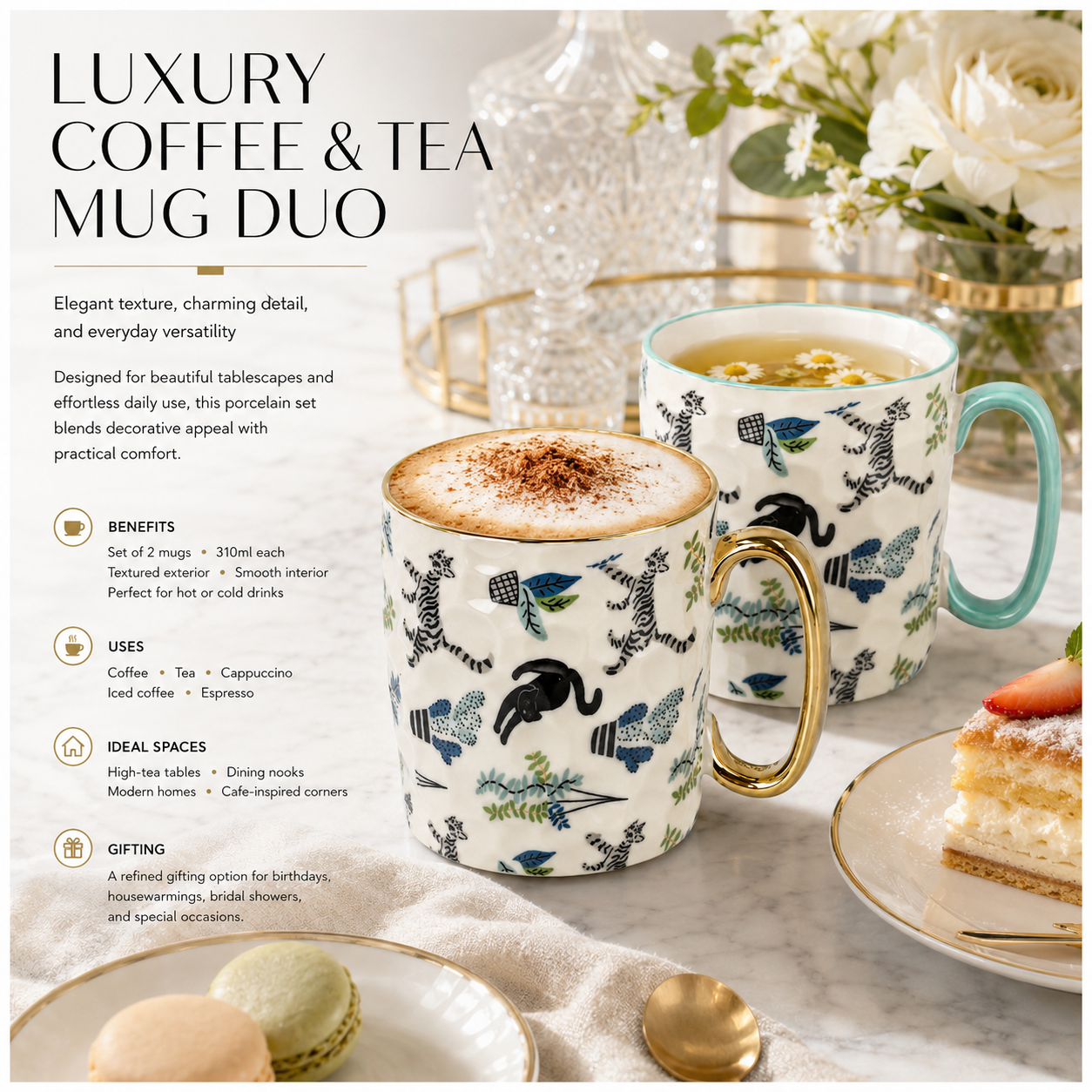 2-Piece Textured Porcelain Coffee Mug Set – 310ml Floral Cat Design