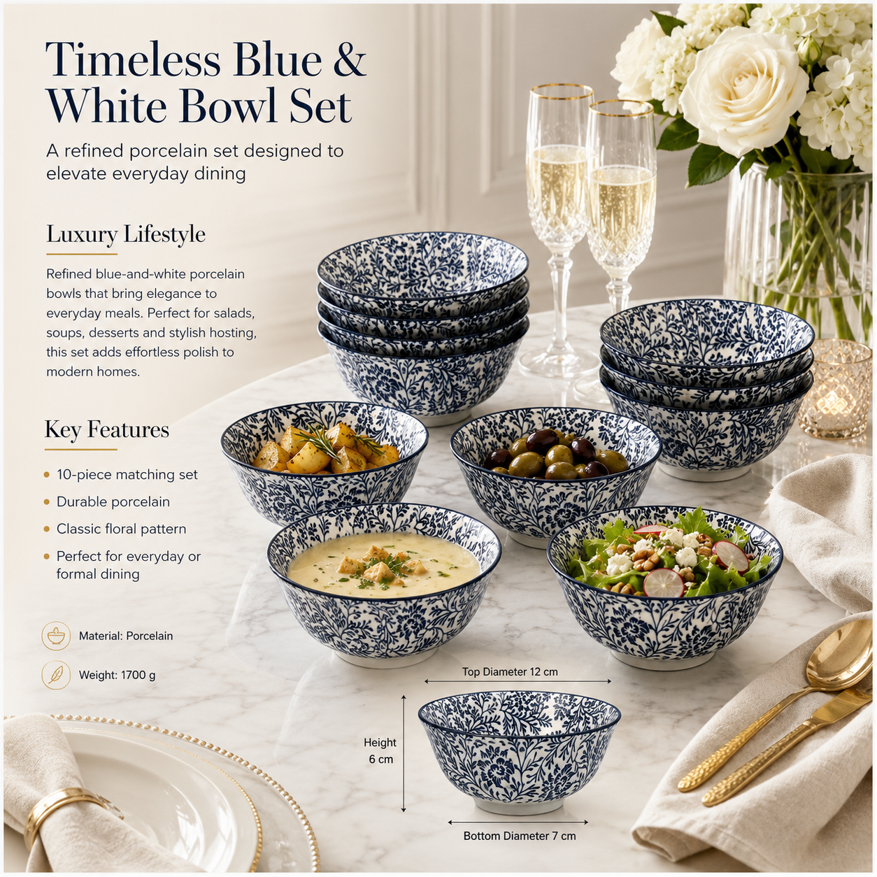 Elegant 10-Piece Blue White Porcelain Bowl Set - Beautiful Floral Serveware