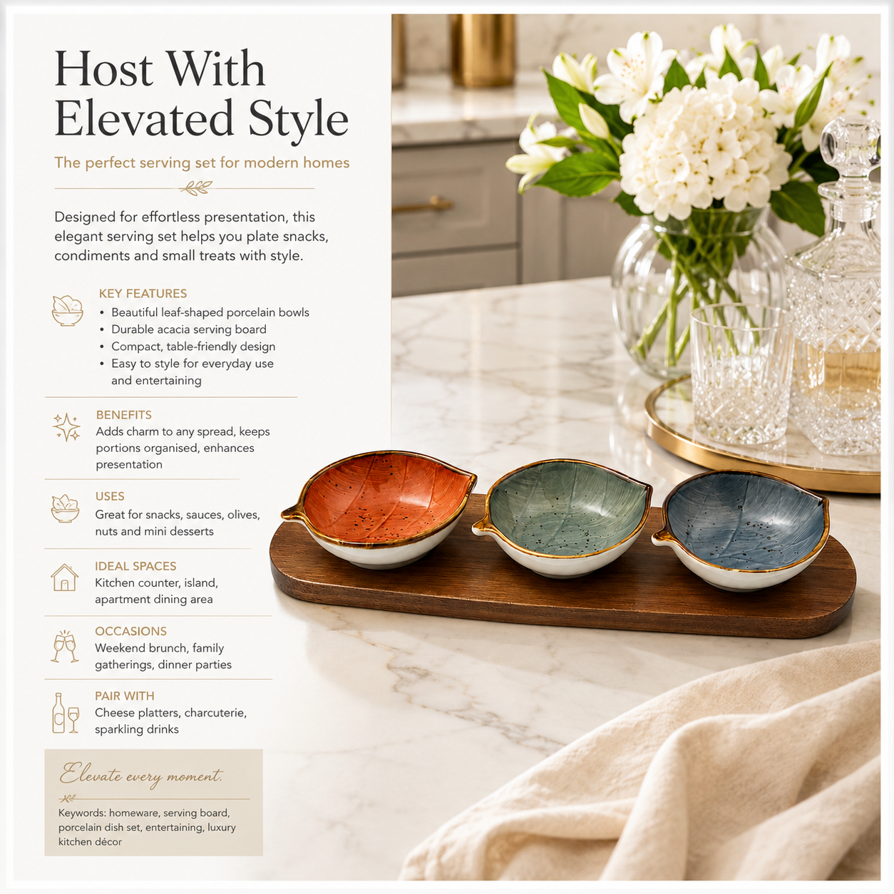 Elegant 4-Piece Leaf Bowl Serveware Bowls Set With Acacia Board - 33 cm