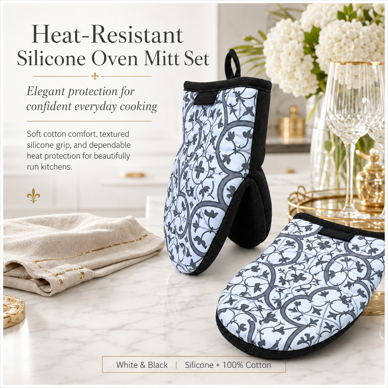 Non Slip 2-Piece Heat-Resistant Silicone Oven Mitt Set with Cotton Lining