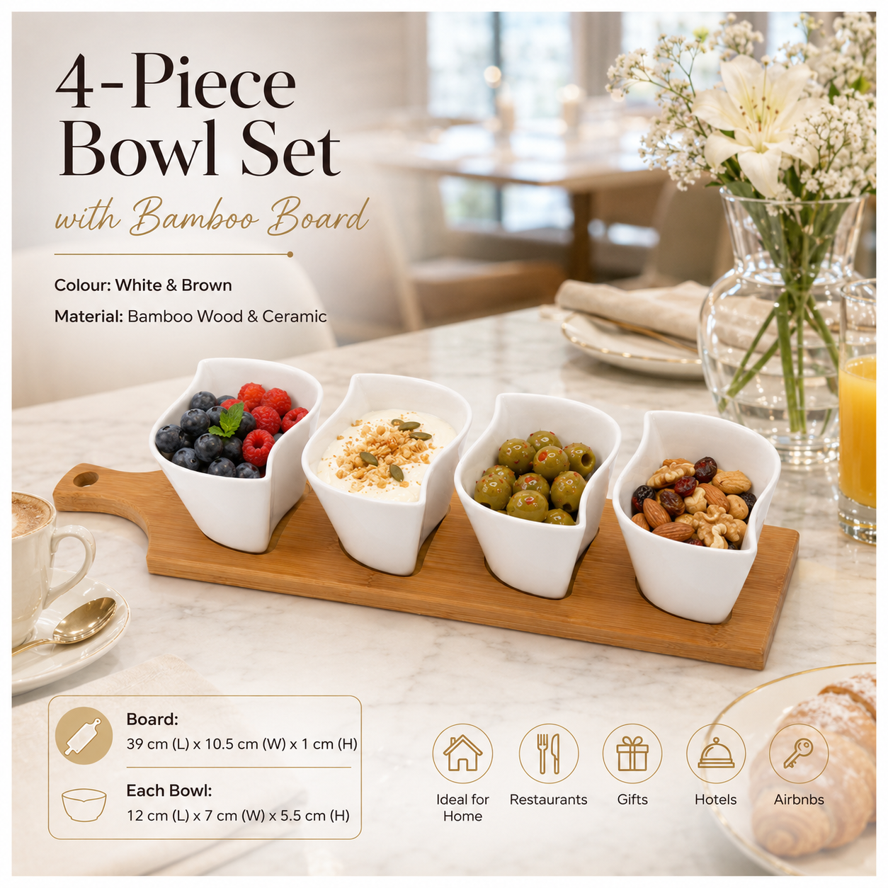 Elegant Ceramic Dipping Bowl Set with Bamboo Serving Paddle Board –