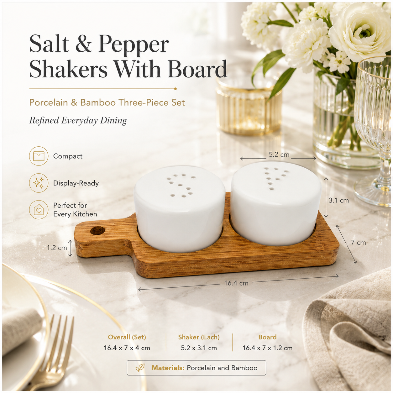 Classic Salt and Pepper Shakers with Bamboo Board – 3 Piece Porcelain Set