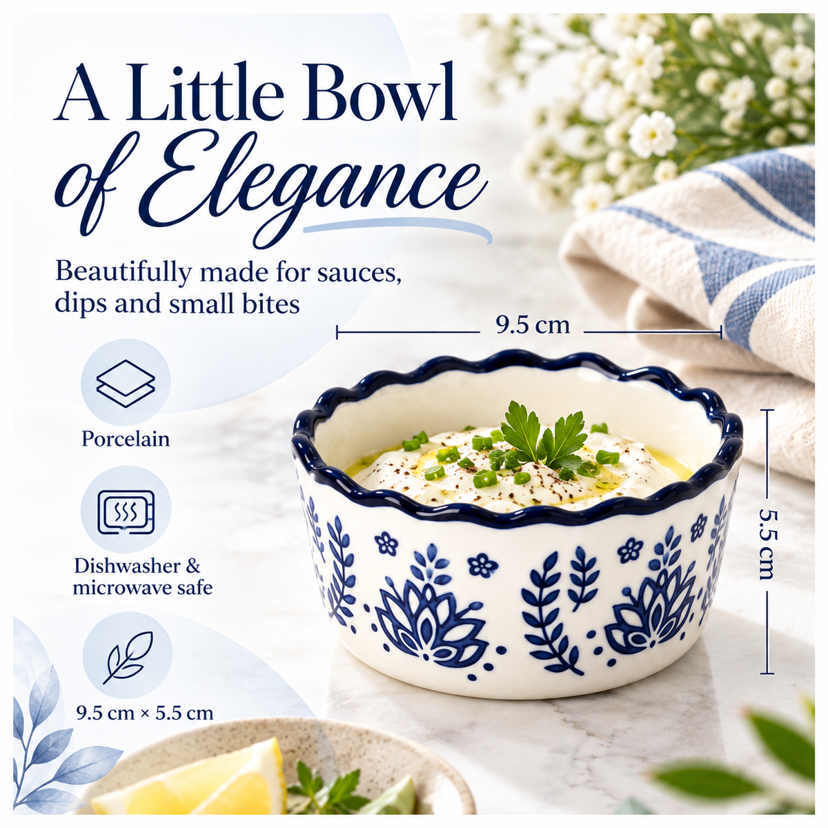 Elegant Navy Botanical Porcelain Sauce Bowls – Set of 4 Floral Bowls