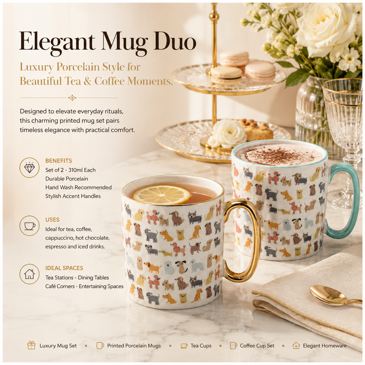 Classic Animal-Print Porcelain Mug Set of 2 –310ml - Hot and Cold Drinkware