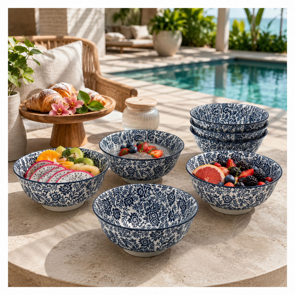 Elegant 5-Piece Blue Floral Fine Porcelain Bowl Set – Fine Dining - 16 cm