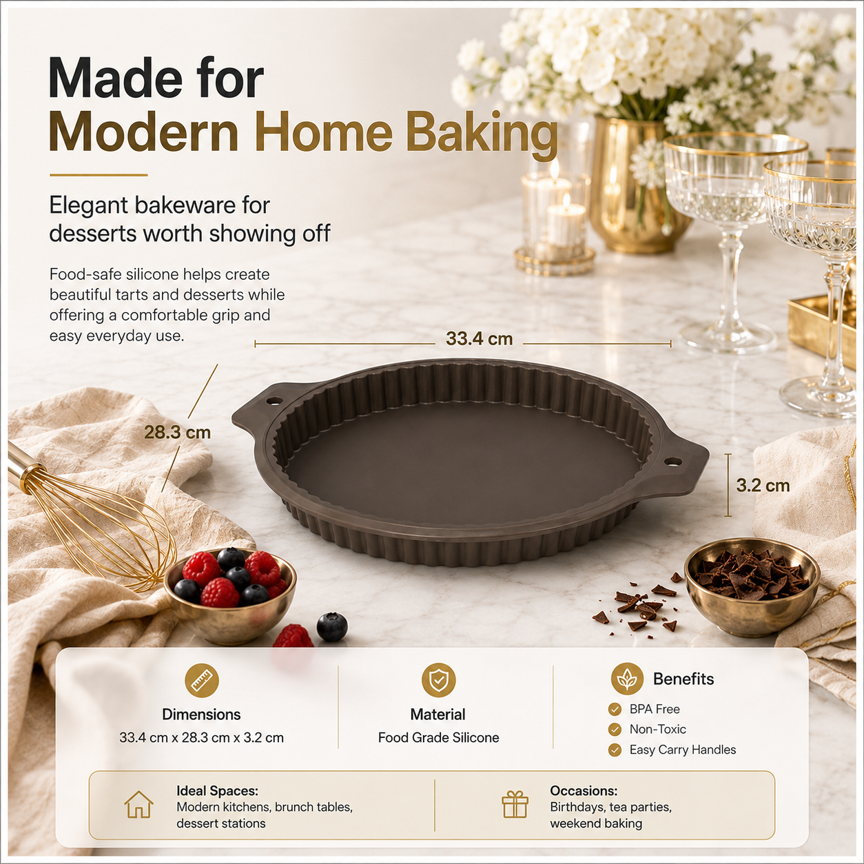 Essential Round Fluted Tart and Quiche Mold -33.4 x 28.3 x 3.2cm - BPA free