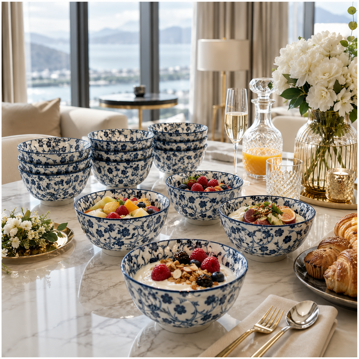 Elegant 10-Piece Blue and White Porcelain Starter Bowl Set