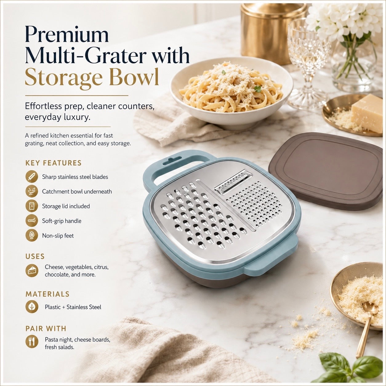 Essential 2-in-1 Stainless Steel Box Grater with Storage Container and Lid