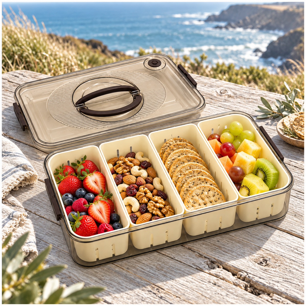 Portable 4-Compartment Snack Platter for Home, Picnics, Parties and Travel