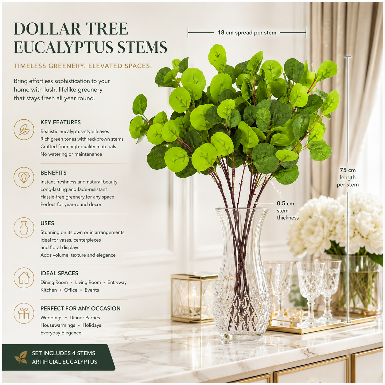 4-Piece Artificial Dollar Tree Eucalyptus Stem Set – 75 cm - Green
