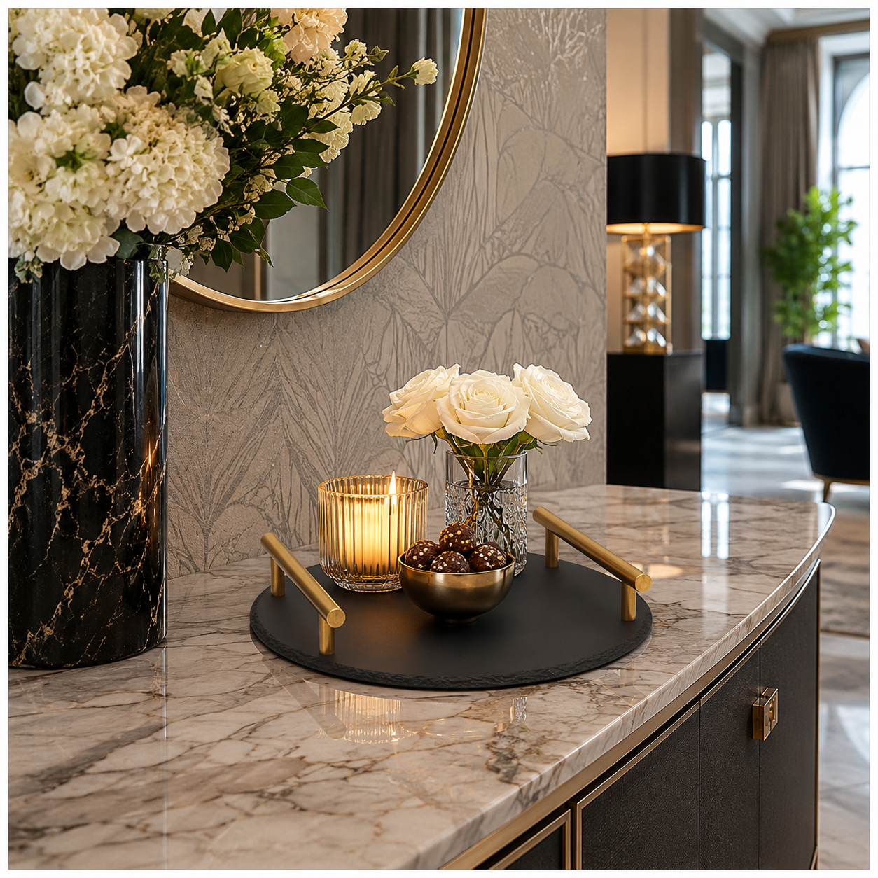 Midnight Slate Round Serving Tray With Metallic Gold Handles