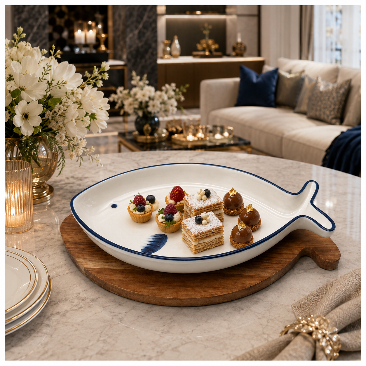 Fish Shaped Snack Serving Platter with Wooden Tray – Ceramic & Acacia Wood Serveware Set