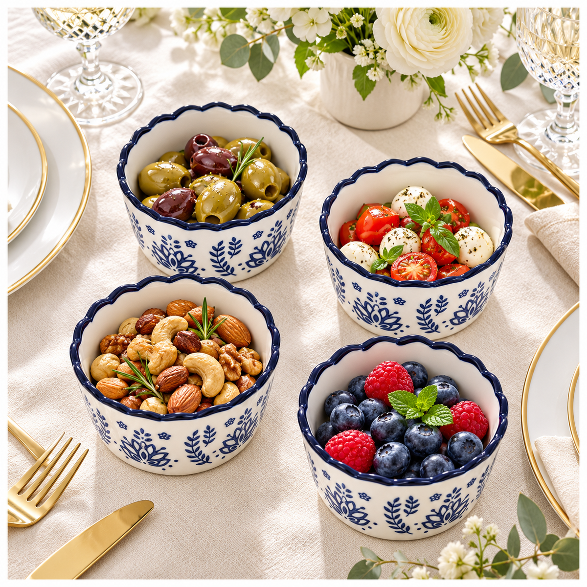 Elegant Navy Botanical Porcelain Sauce Bowls – Set of 4 Floral Bowls