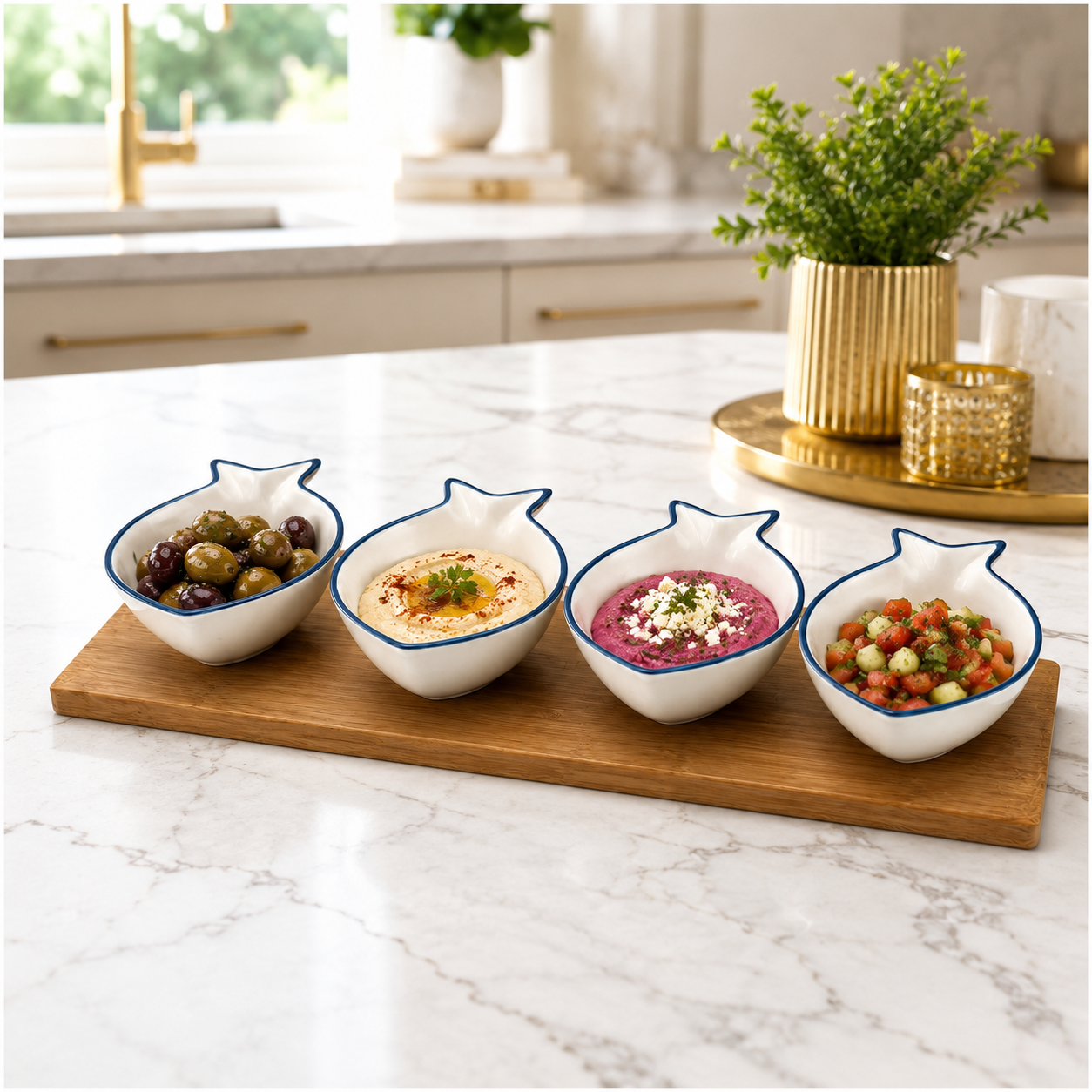 Ceramic Fish Shaped Snack Serving Bowl Set with Acacia Wooden Tray -5 Piece