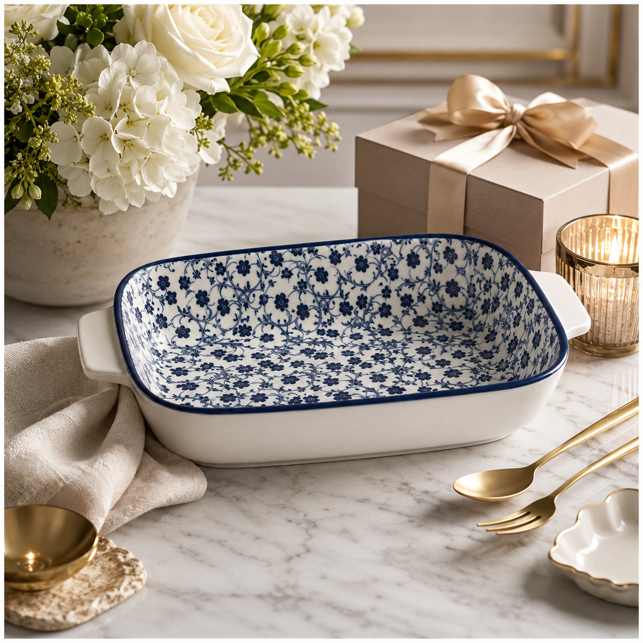 Elegant Navy Floral Ceramic Casserole Dish – 27.4cm - Blue and White