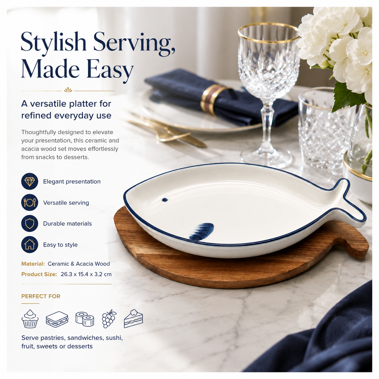 Fish Shaped Snack Serving Platter with Wooden Tray – Ceramic & Acacia Wood Serveware Set