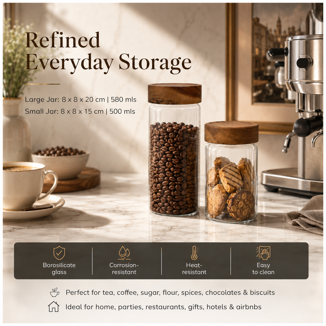 2-Piece Glass Storage Jar Set with Solid Acacia Wood Lids – 580ml and 500ml