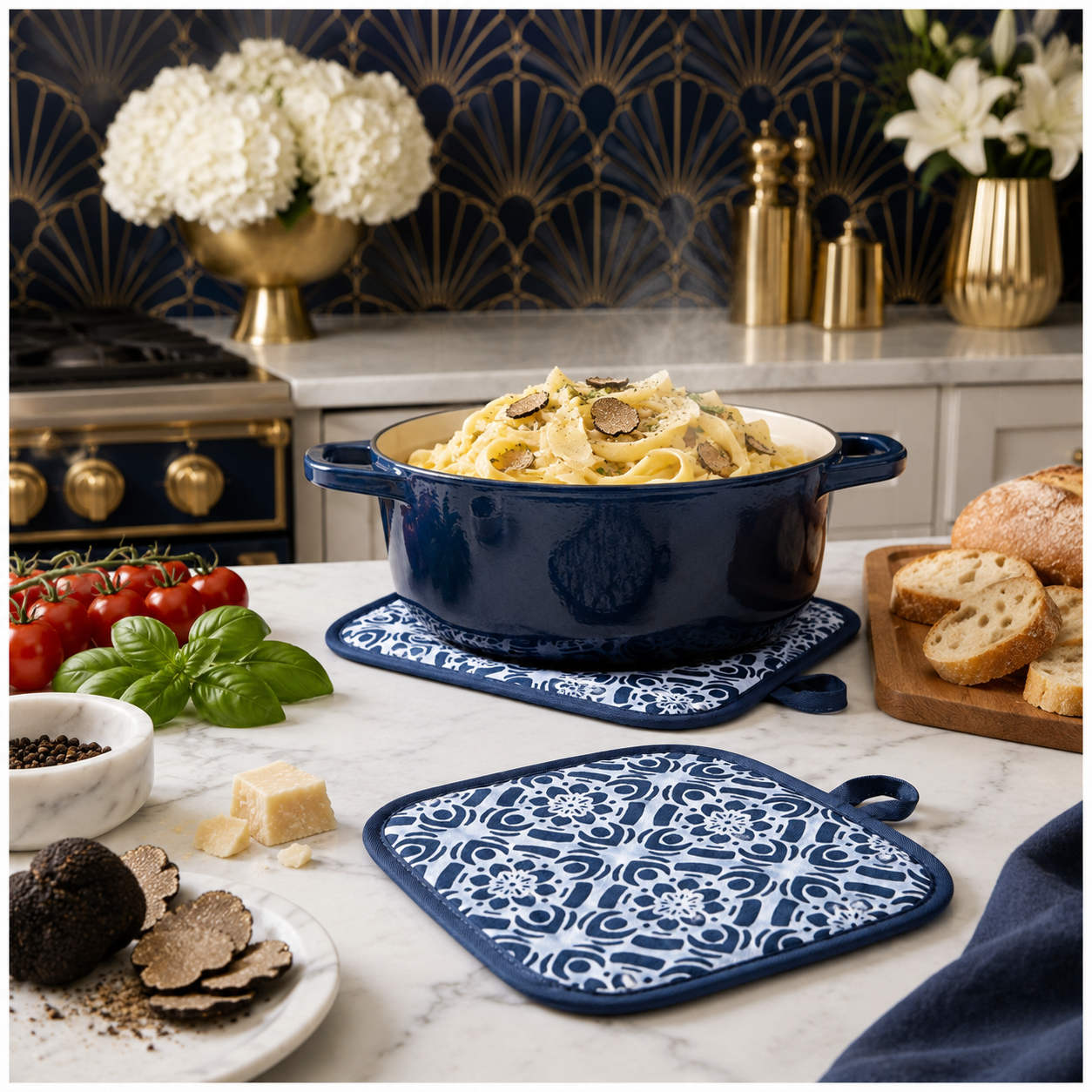 2-Piece Heat-Resistant Cotton Kitchen Potholder Set –Blue and White- 20 cm
