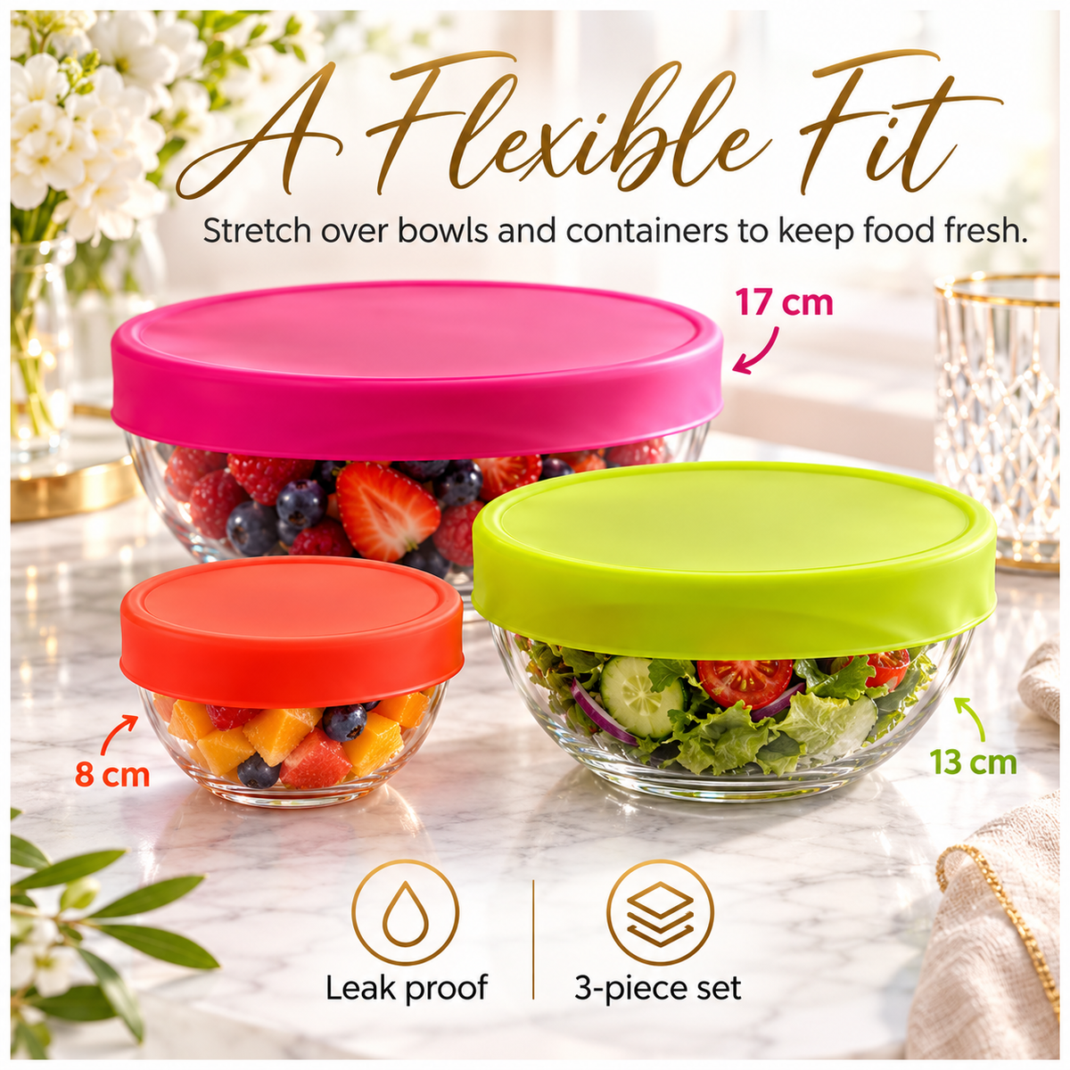 Flexible Silicone Stretch Lids 3-Piece Set | Airtight Food Covers, 8–17 cm