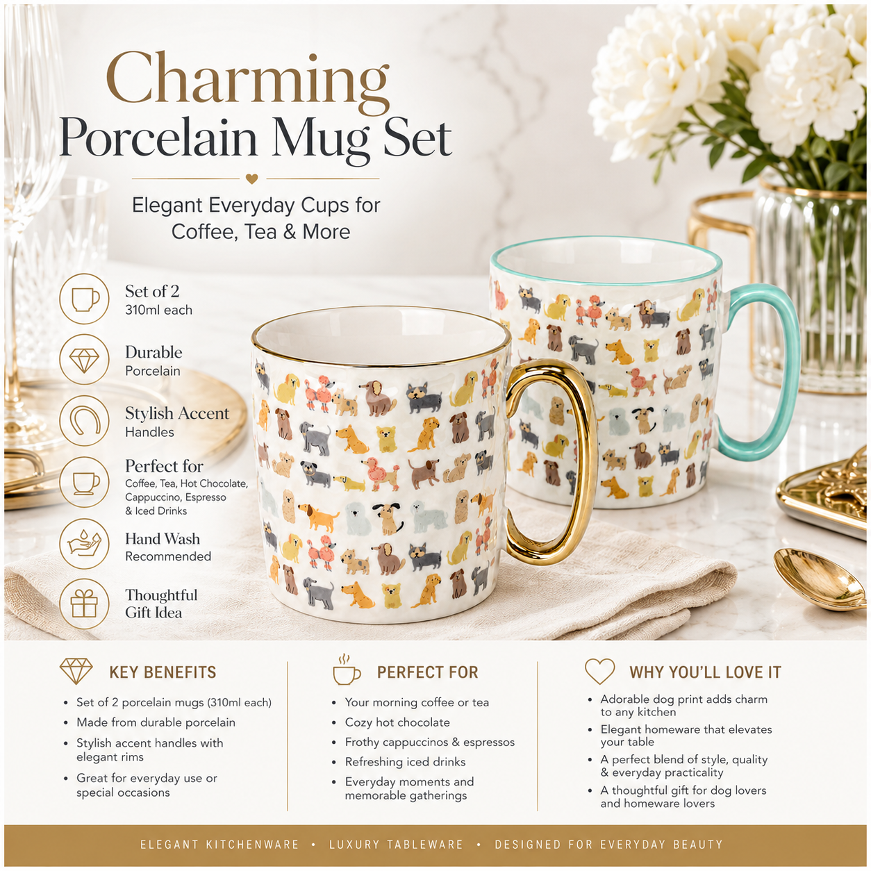 Classic Animal-Print Porcelain Mug Set of 2 –310ml - Hot and Cold Drinkware