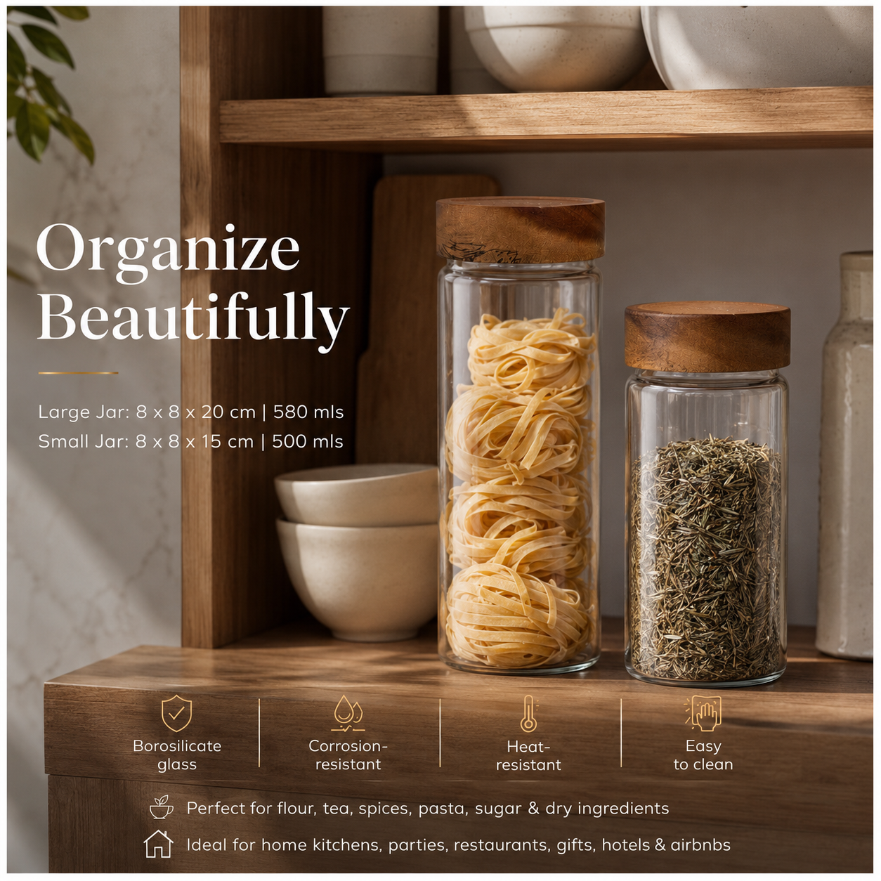 2-Piece Glass Storage Jar Set with Solid Acacia Wood Lids – 580ml and 500ml