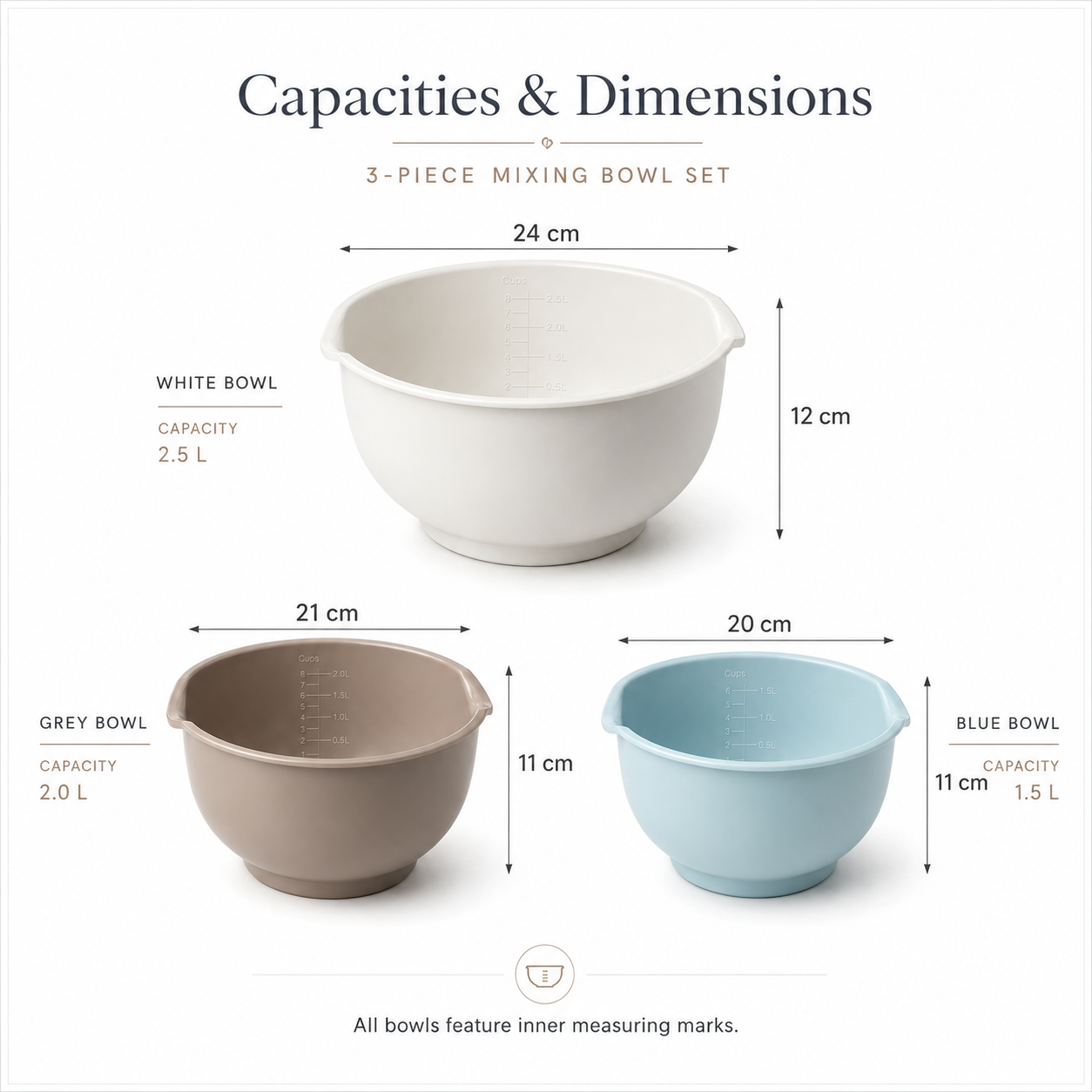 Essential 3-Piece Mixing Bowl Set - Built-In Measurements- 2.5L -2.0L -1.5L