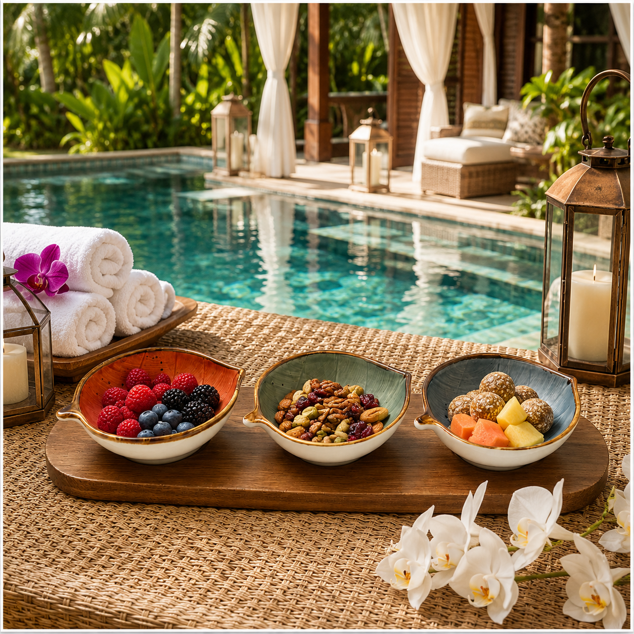 Elegant 4-Piece Leaf Bowl Serveware Bowls Set With Acacia Board - 33 cm