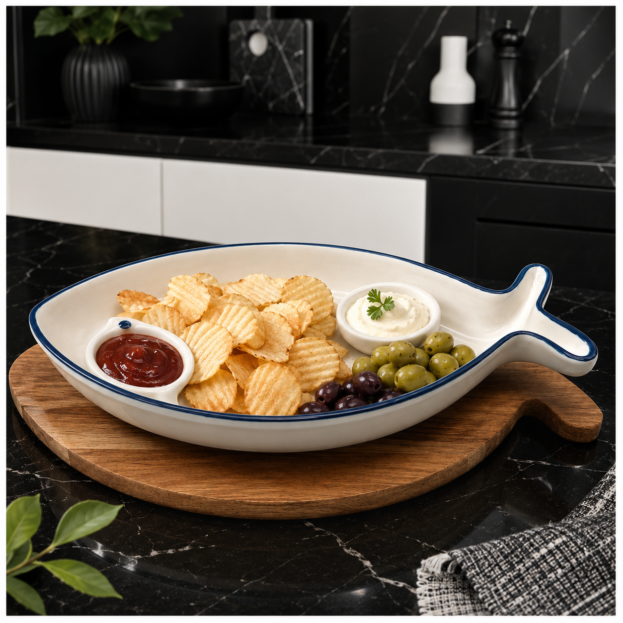 Fish Shaped Snack Serving Platter with Wooden Tray – Ceramic & Acacia Wood Serveware Set