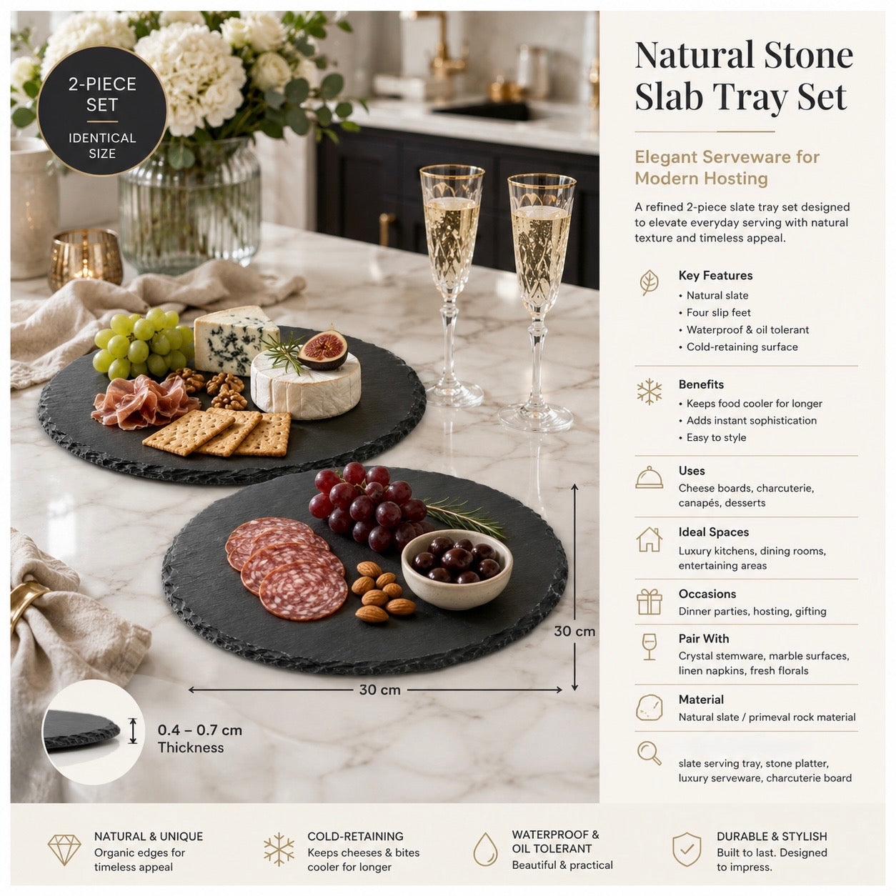 Elegant Natural Stone Slab Tray Set – 2 Piece Serving tray - 30 cm
