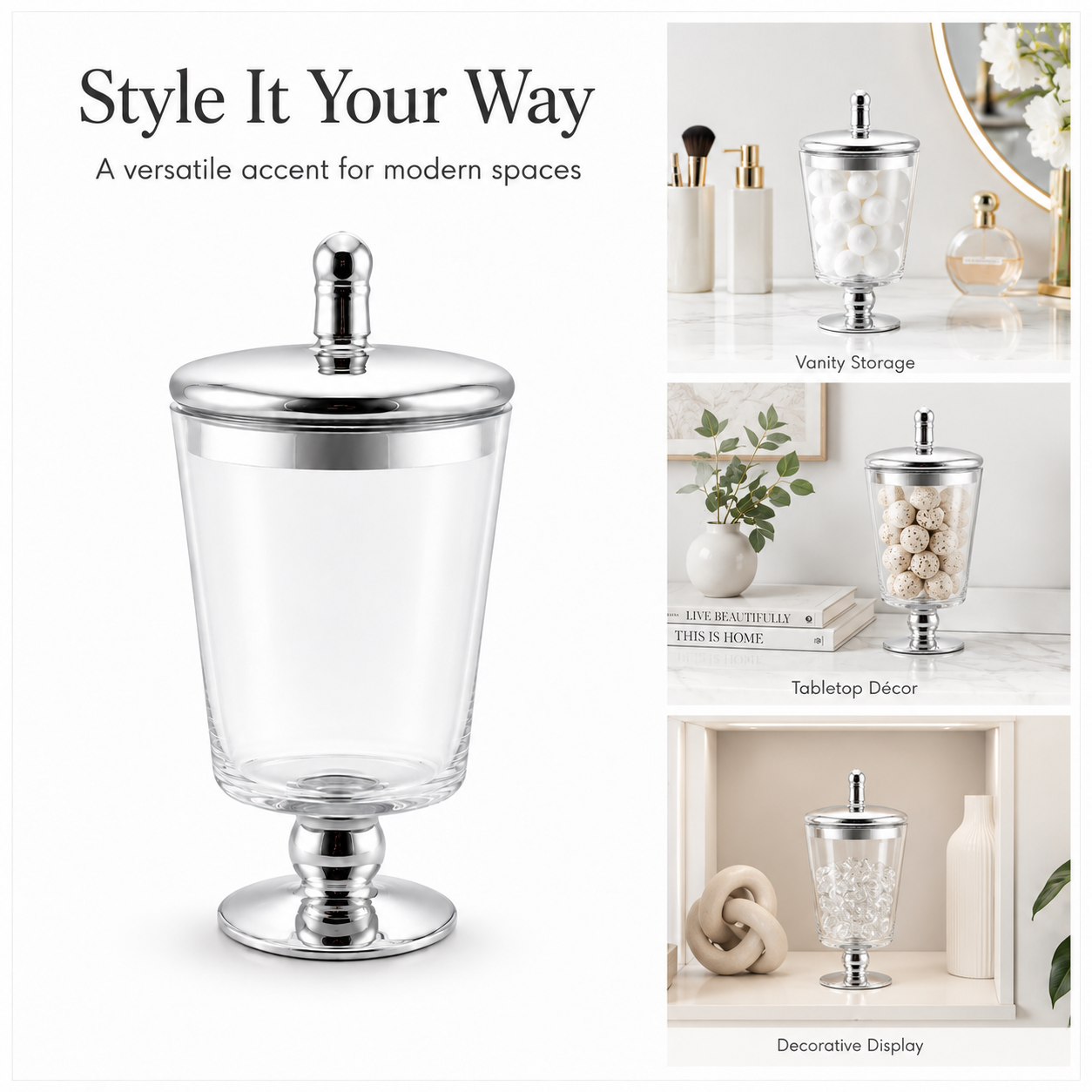Elegant Decorative Glass Jar with Mirrored Silver Lid and base – 23.5cm