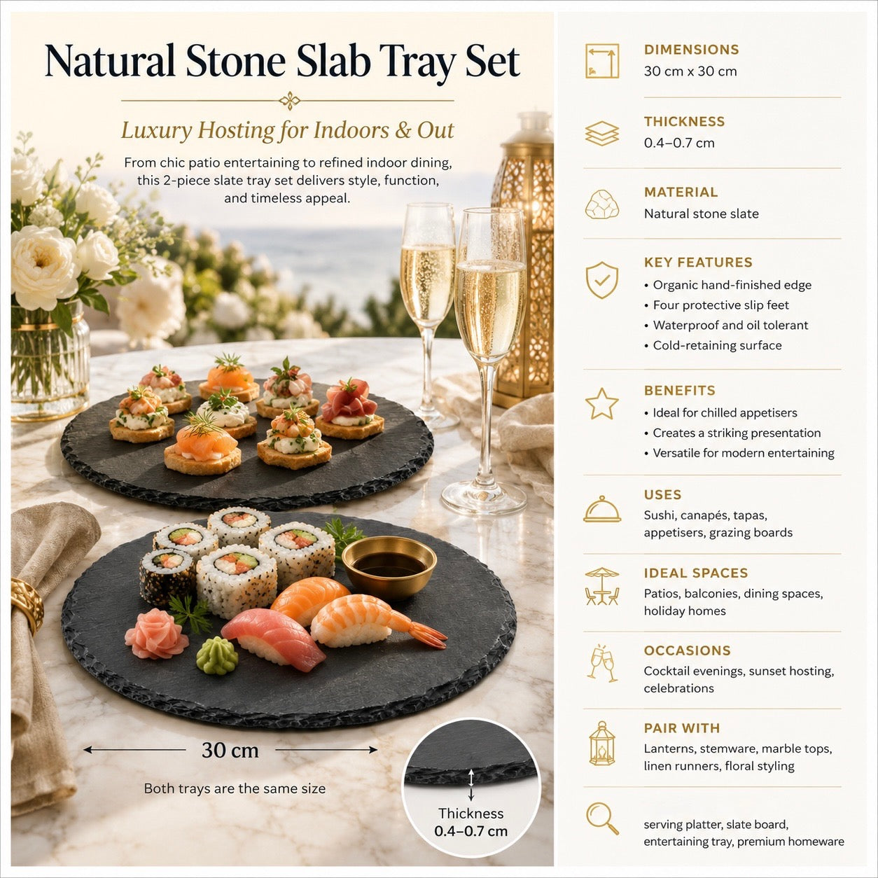 Elegant Natural Stone Slab Tray Set – 2 Piece Serving tray - 30 cm