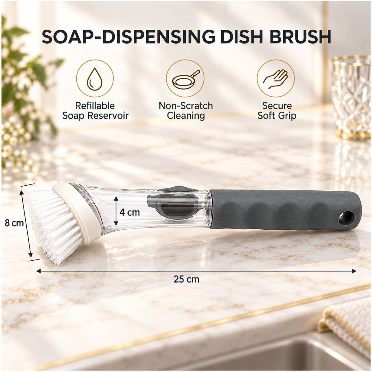 Essential Soap-Dispensing Dish Brush with Soft-Grip Handle – Grey