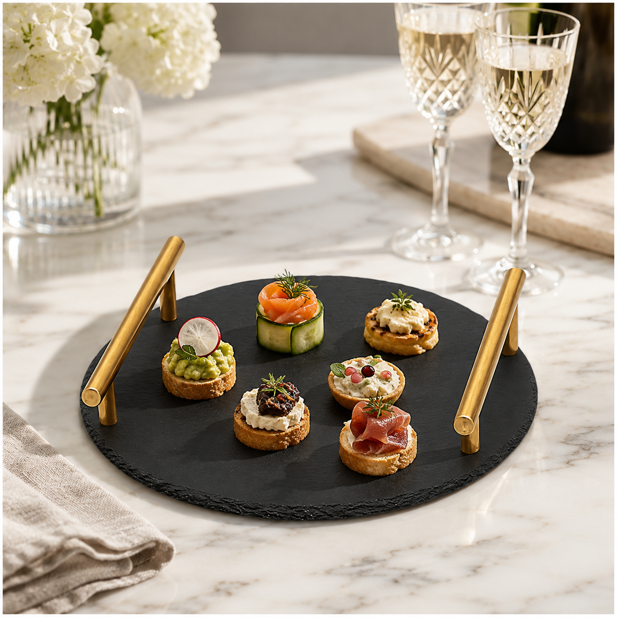 Midnight Slate Round Serving Tray With Metallic Gold Handles